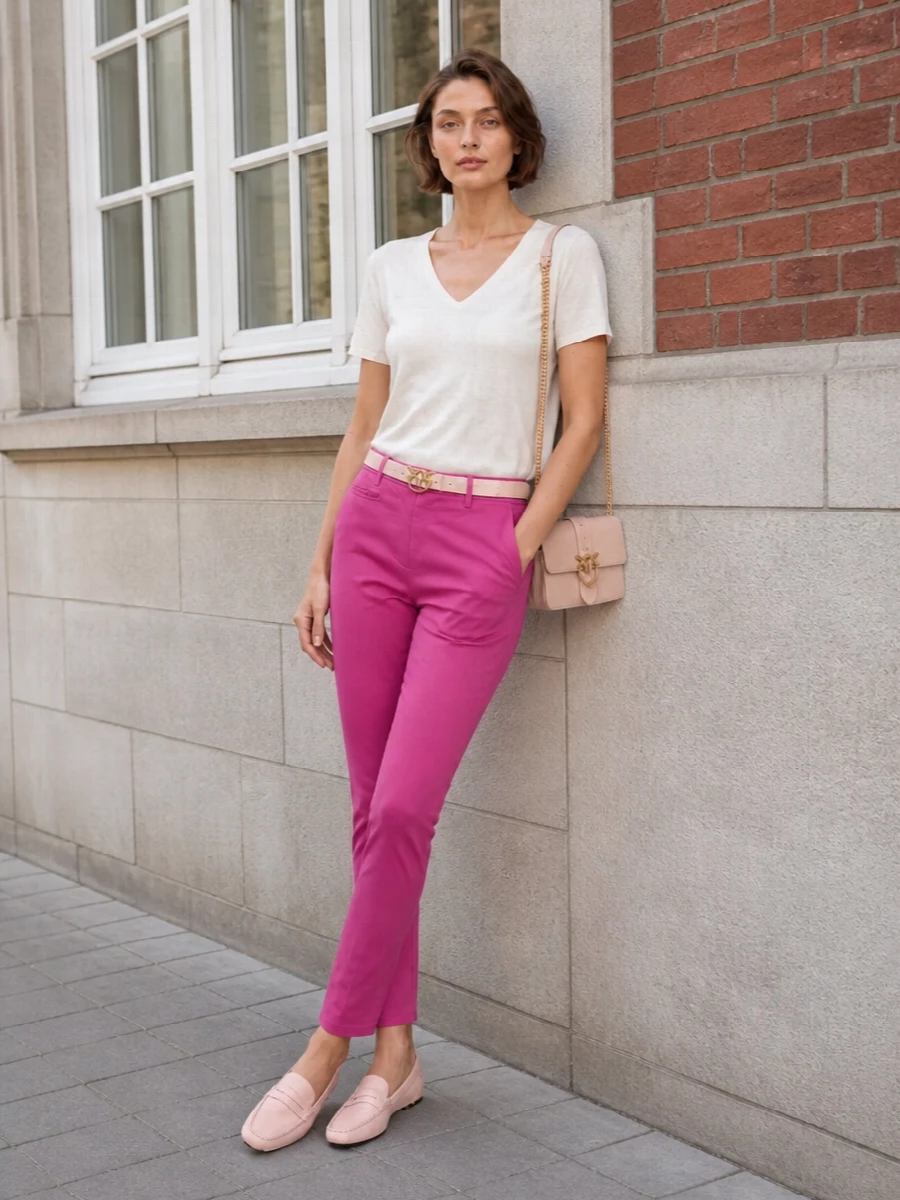 Bright fuchsia tailoring is softened with an ivory knit tee, keeping the palette crisp and light. Blush leather accents at the waist, on the loafers and at the shoulder echo the colour story without stealing focus from the trouser. The result is a polished, preppy outfit that reads confident yet easy for city days and casual dinners alike.