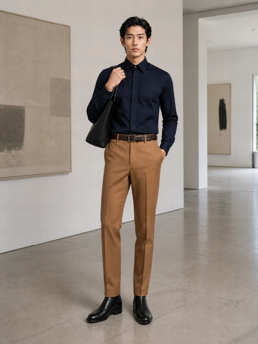 Alexander mcqueen camel trouser navy shirt outfit