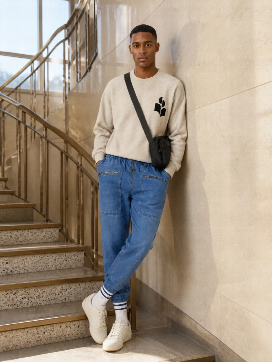 Isabel marant denim joggers beige sweatshirt outfit