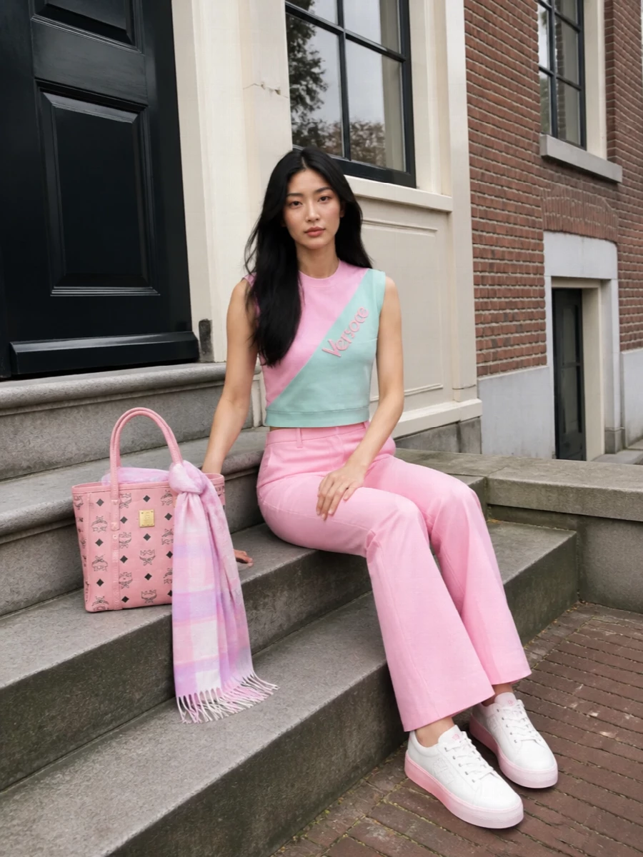 Versace pastel sweatshirt pink flared trousers outfit