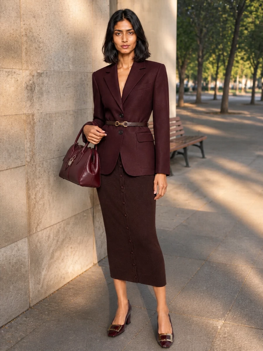 Victoria beckham burgundy blazer brown midi skirt