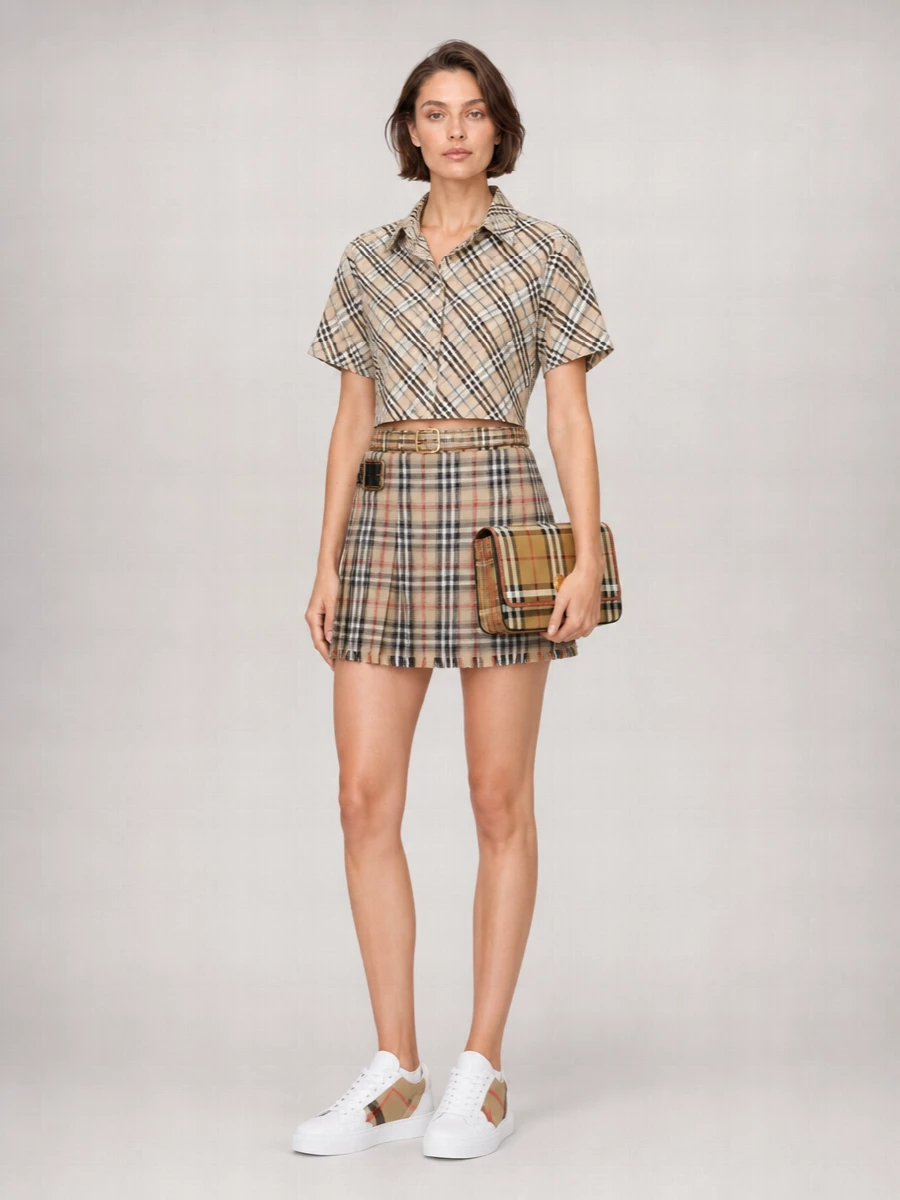 Burberry Wool Check Fringed Pleated Mini Kilt Skirt