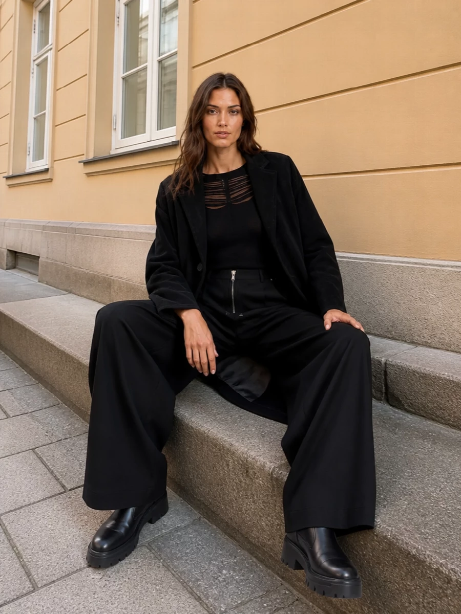 R13 fringe coat rick owens wide leg trousers
