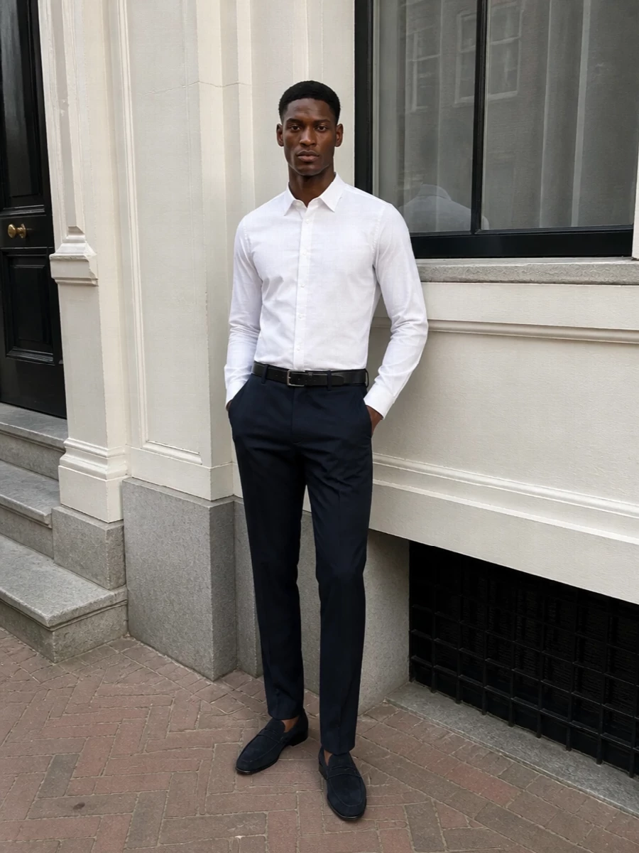 Emporio armani navy trousers white shirt outfit
