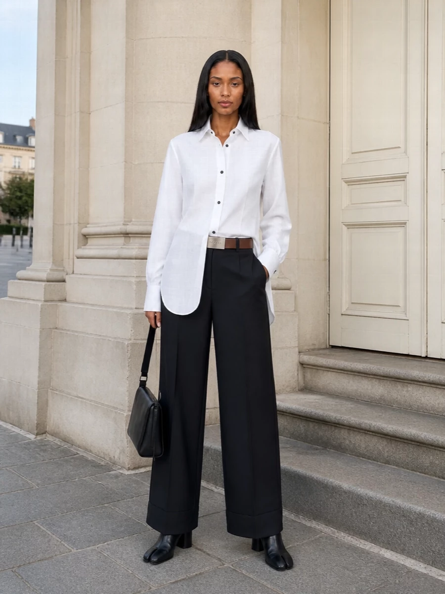 A crisp white Margiela shirt drops over high-rise black wide-leg trousers, creating a long, graphic column in pure monochrome. Split-toe ankle boots and an angular black shoulder bag keep the mood studied and architectural, while a sleek plaque belt adds just enough hardware to underline the house’s quiet subversion.