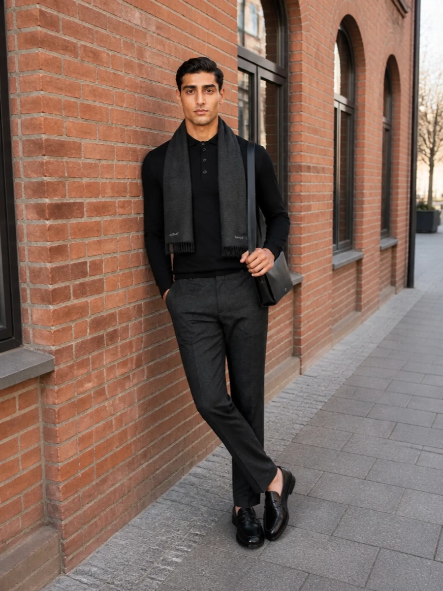 A black fine-gauge polo with slim charcoal trousers creates a clean, tonal base that feels precise without being stiff. Black leather loafers and a structured shoulder bag keep the mood urbane and understated, ideal for days that move from desk to dinner. A charcoal scarf adds just enough texture and warmth while staying firmly inside the quiet luxury palette.