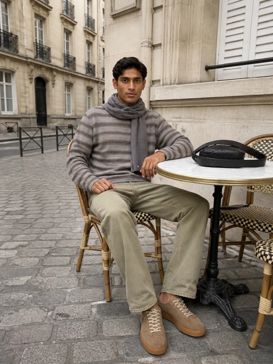 Our legacy striped shirt sand jeans taupe sneakers