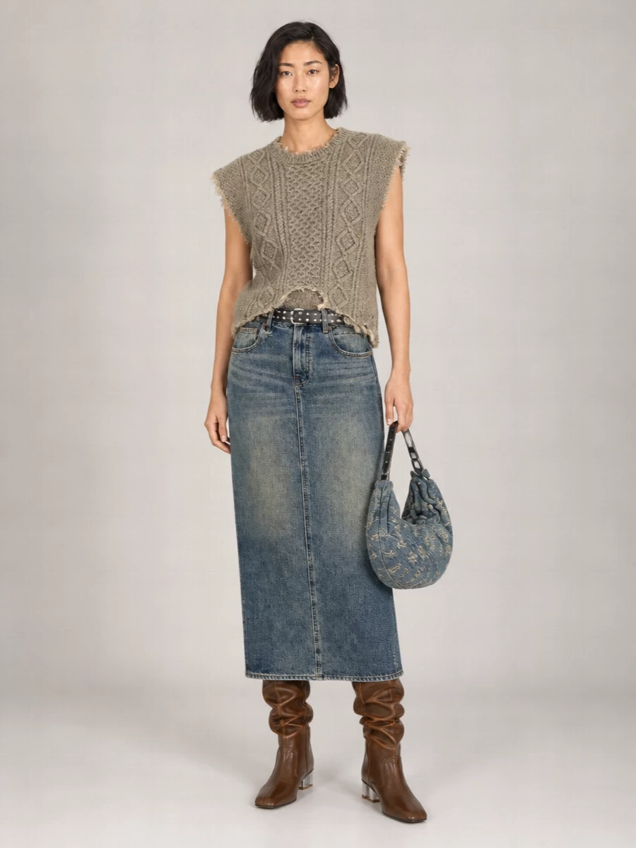R13 Denim Side-Slit Straight Skirt