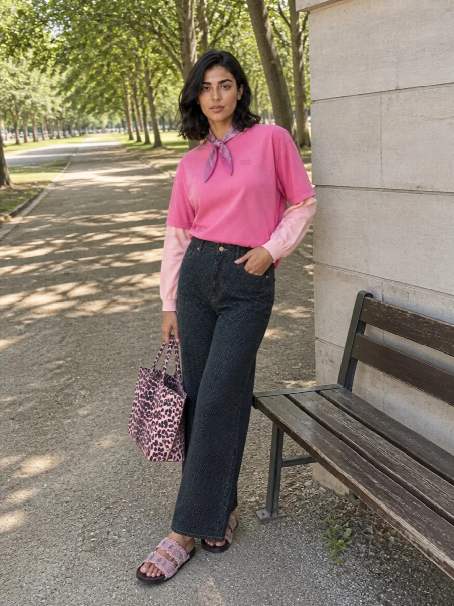 Ganni pink tee wide leg jeans slides