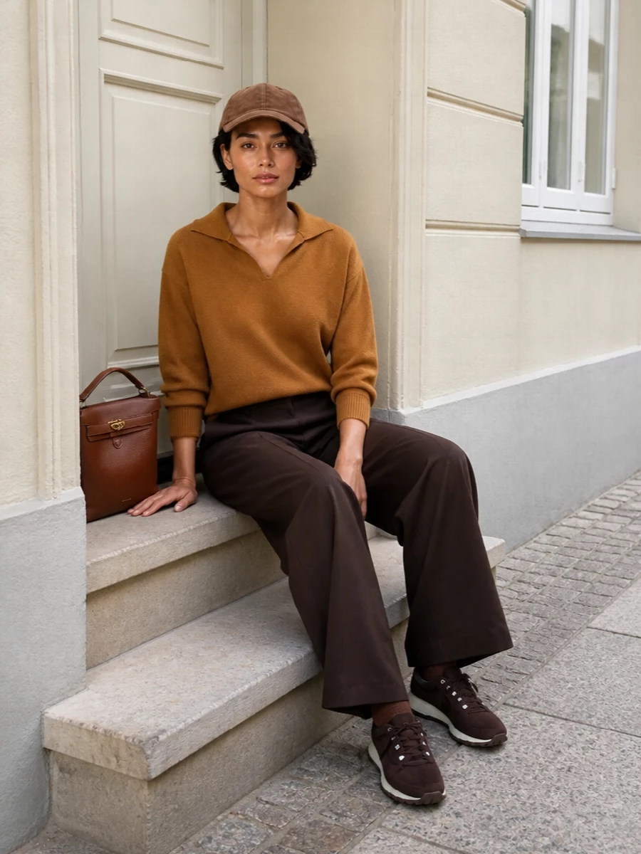 A caramel collared knit, deep espresso wide-leg trousers, and the Brunello Cucinelli suede cap create a warm, tonal take on relaxed tailoring. The chocolate sock sneakers keep the line easy and modern, while the cognac bucket bag adds just enough structure for city days. I chose the top and trouser route over a dress to respect the cap’s sport-luxe energy and maintain a quietly casual attitude within a luxury framework.