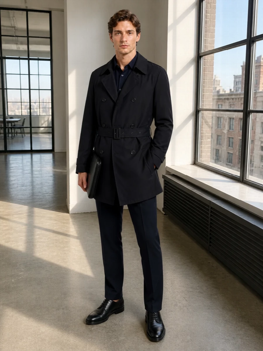 Herno trench navy trousers black derbies