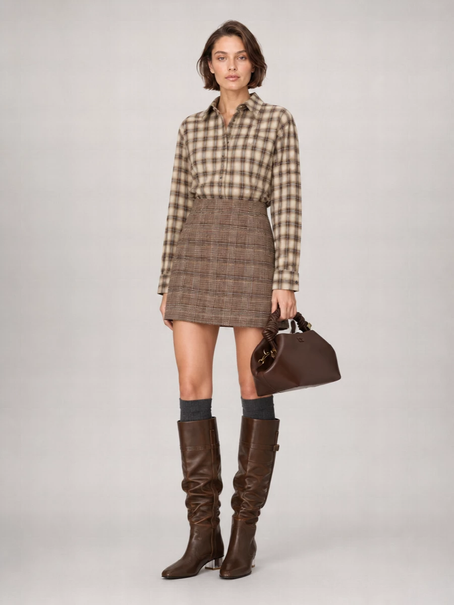 Ganni’s checked shirt is teamed with a sharply cut plaid mini to lean into a collegiate, tailored mood in warm browns and creams. Slouchy chocolate knee-high boots and tonal leather bag deepen the palette, keeping the outfit grounded and city ready. Charcoal knee-high socks add a subtle preppy detail and make the mini feel considered for cooler days.