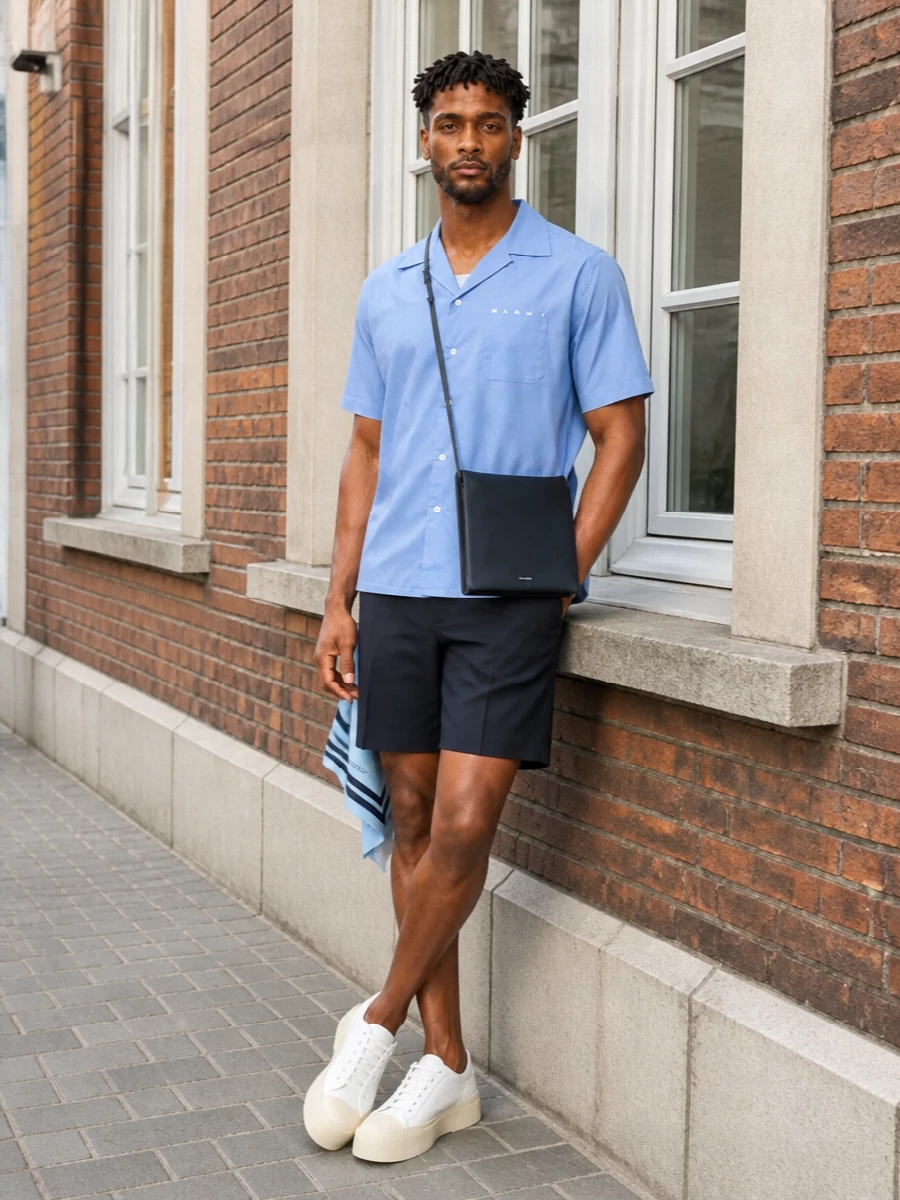 Marni powder blue shirt navy tailored shorts outfit