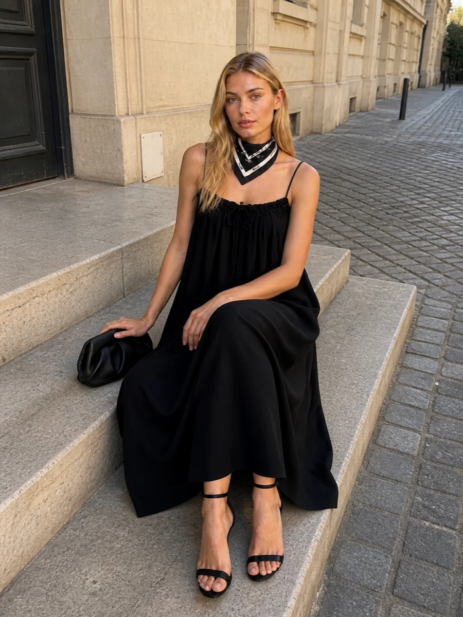 Studio Nicholson’s black slip dress is paired with a slim black stiletto sandal for a clean, elongated evening line. A sculptural black clutch keeps the focus on texture rather than hardware, while a graphic silk scarf introduces a precise touch of contrast without breaking the minimalist mood.