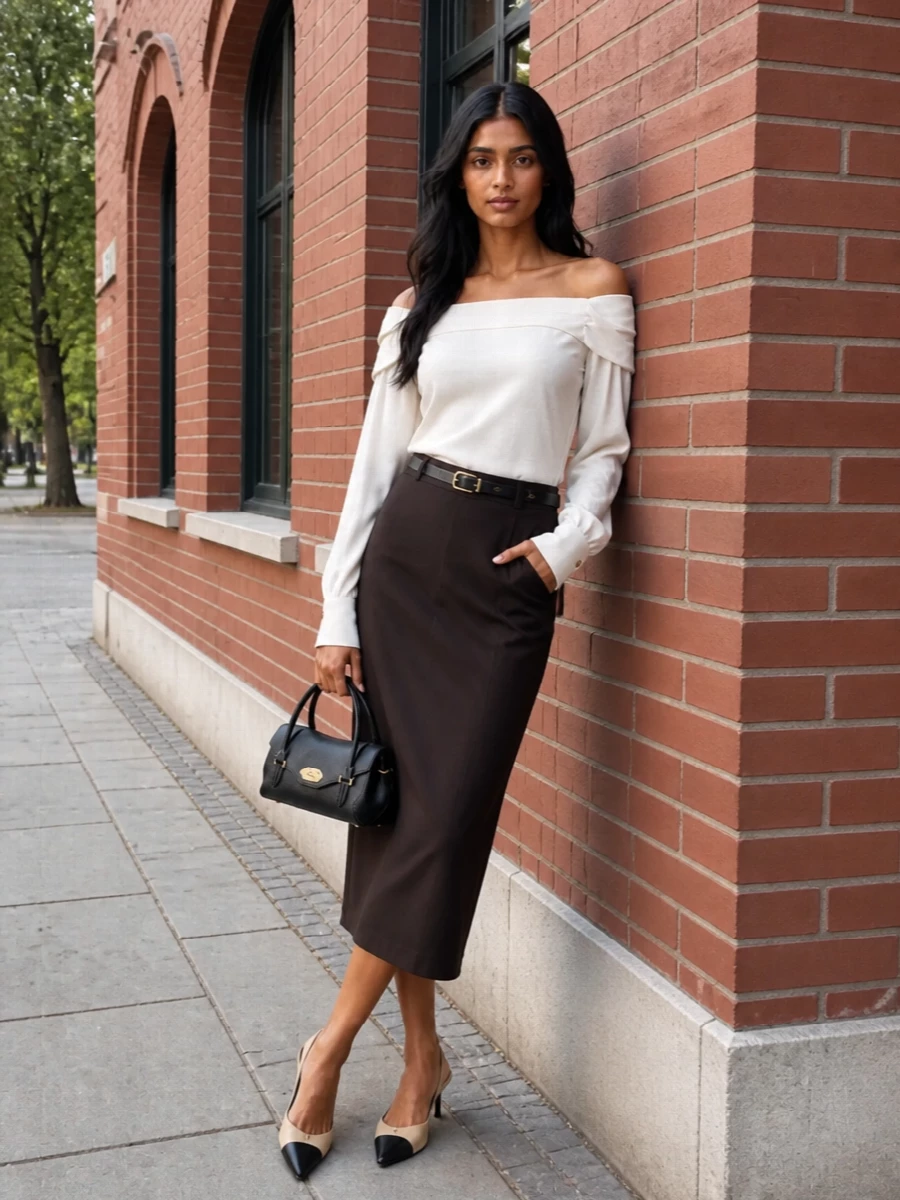 An espresso midi skirt meets an ivory off-the-shoulder knit for a quietly sensual take on evening polish. A two-tone pointed slingback and structured mini top-handle bag keep the lines sharp while the slim belt defines the high waist with a discreet flash of gold. The result is streamlined, Parisian and ready for dinners, openings or any night that calls for considered restraint.