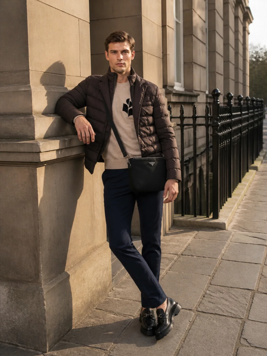 Herno blazer brunello chinos prada bag outfit