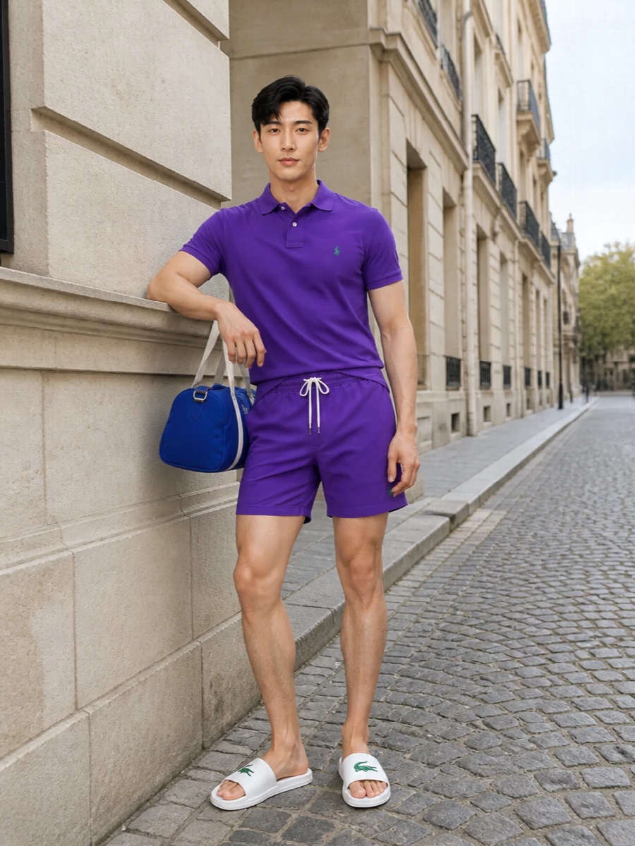 Head-to-toe Polo purple keeps this swim pairing confident and polished, with the matching piqué polo turning pool shorts into a proper outfit. Clean white Lacoste slides and the royal-blue duffle nod to classic sports club style, while the playful bear scarf adds a hit of personality and colour you can knot on or off the sand.