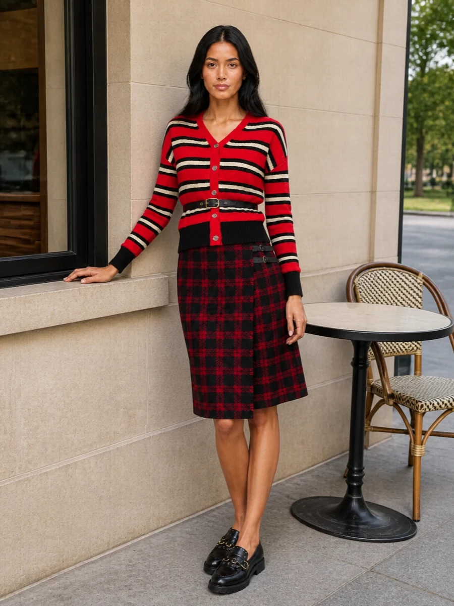Pinko red cardigan tartan skirt outfit