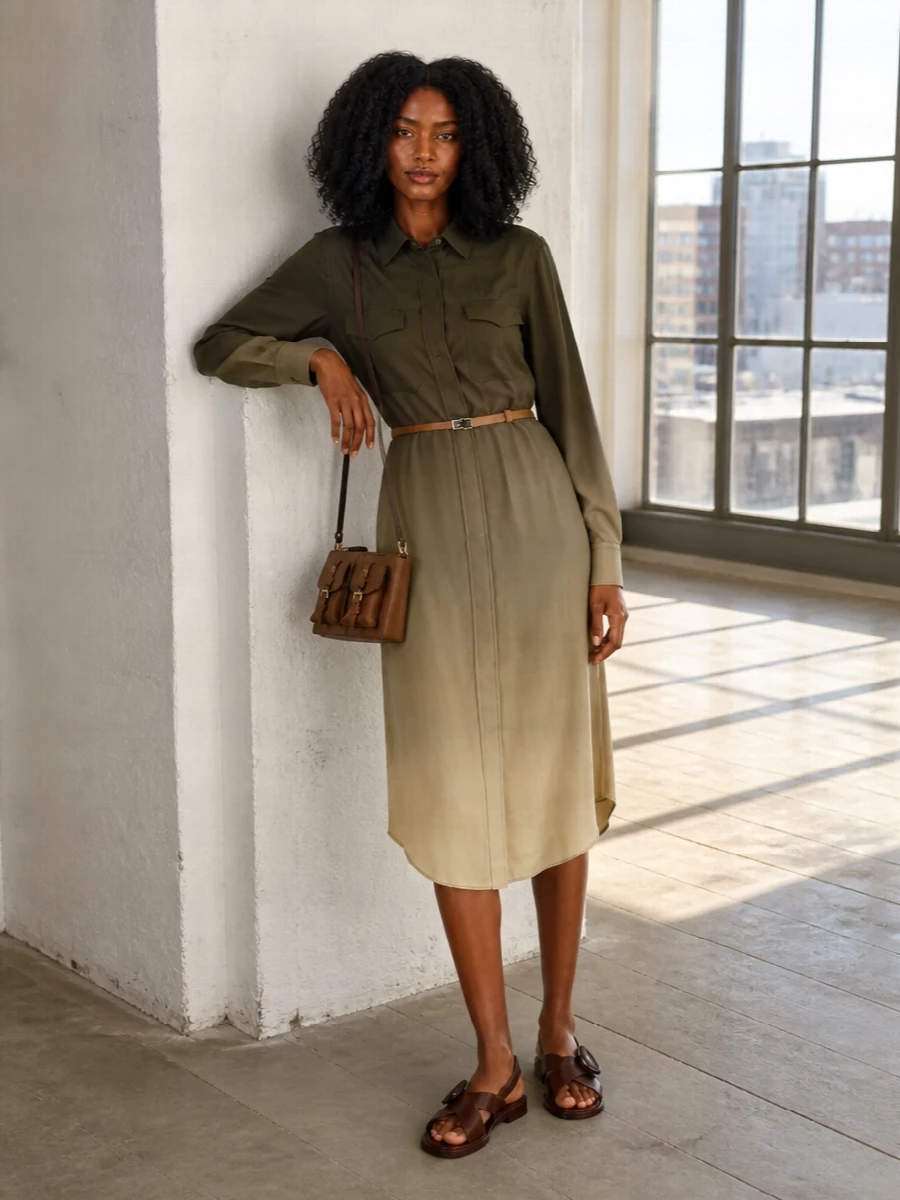 Leaning into the bag’s refined utility, this pairing centers on Prada’s ombré shirt dress for a single, uninterrupted column of earthy neutrals. The Prada slingback sandals keep the line clean and easy, their dark chocolate leather quietly tying back to both the dress’s depth and the bag’s rich strap. Choosing the dress path keeps the outfit minimal yet considered, so the bag reads as a purposeful, integrated part of a modern uniform rather than an add-on accessory.