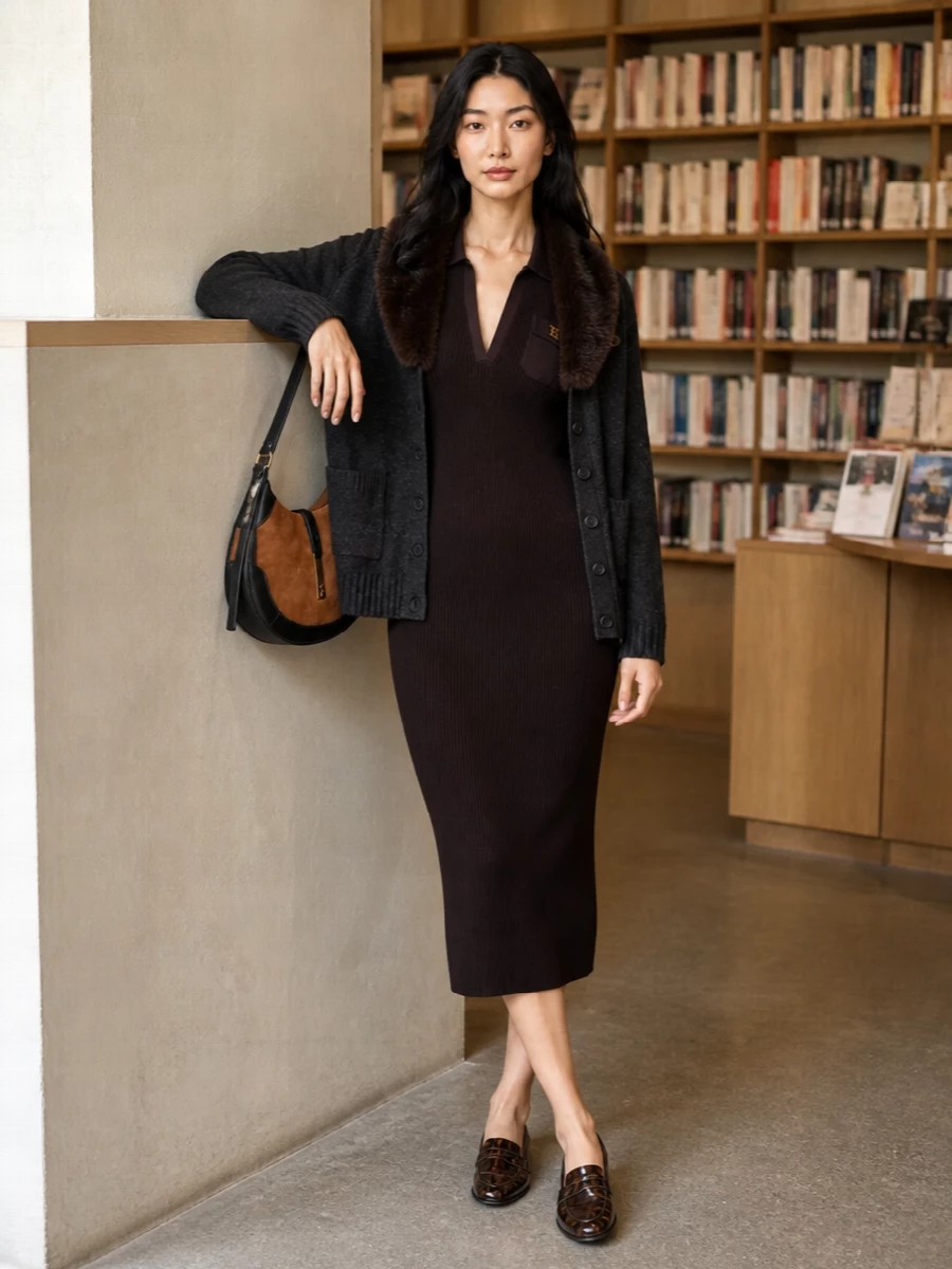 Lauren ralph lauren cardigan brown knit dress outfit