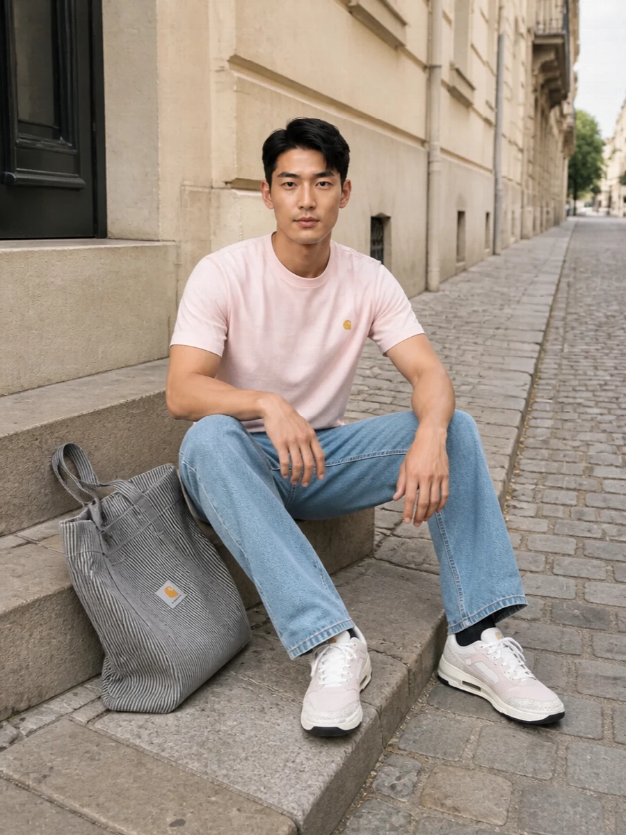 Soft pink and light-wash denim keep this Carhartt-driven outfit clean, relaxed and summery. Cream and blush sneakers echo the tee for a tight color story, while the striped tote and black logo socks add just enough graphic contrast for a modern streetwear finish.