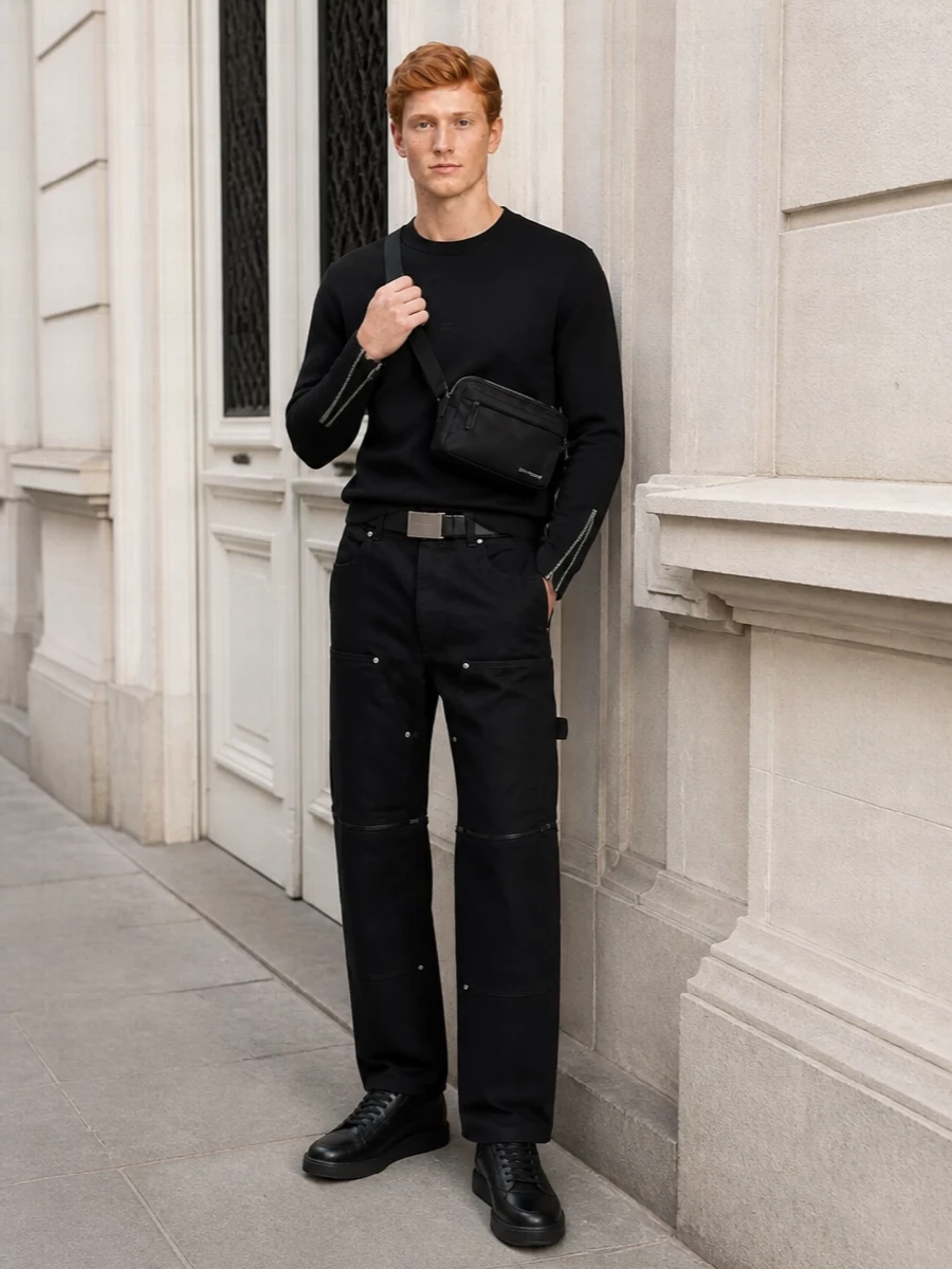 Givenchy black utility pants outfit leather sneakers