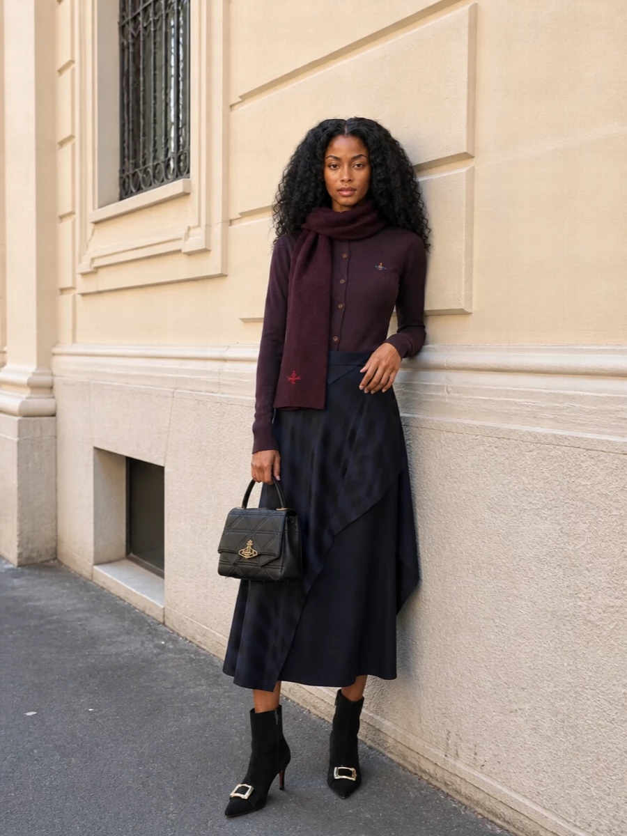 Vivienne westwood cardigan navy draped midi outfit