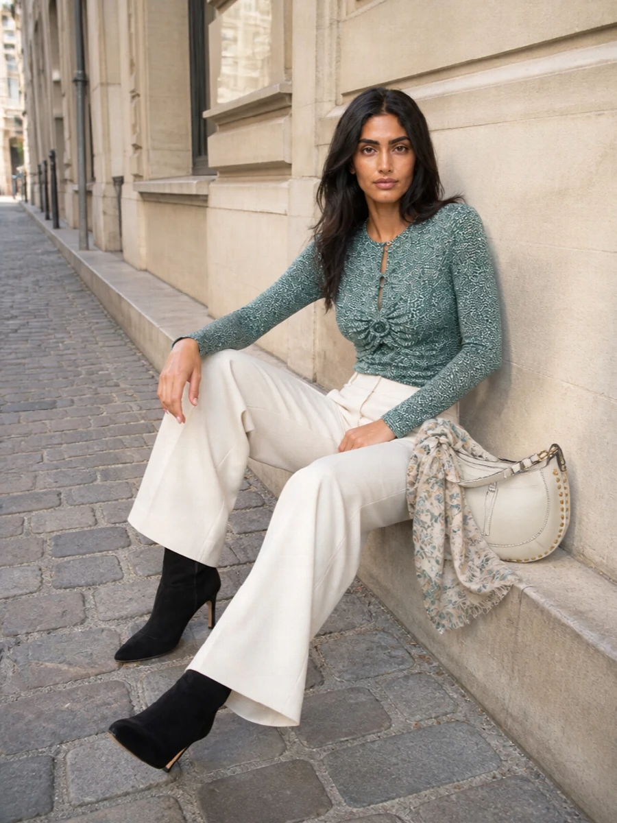 Isabel marant teal blouse ivory wide leg trousers