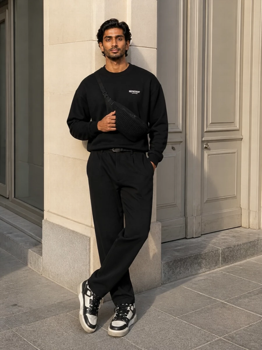 Represent black lounge trousers sweatshirt sneakers