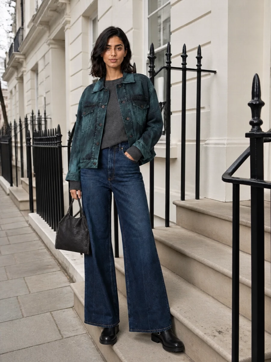 Stella mccartney denim jacket wide leg jeans outfit