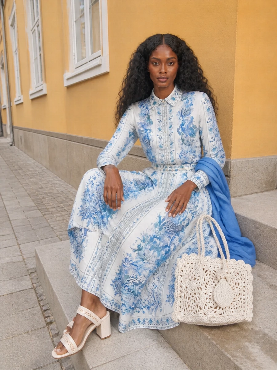 A head-to-toe wash of blue and ivory creates a romantic, resort-ready set that feels thoughtful rather than fussy. The matching shirt and skirt form a long, lean line, while cream block-heel sandals and an ivory crochet bag keep the mood soft and sunlit. A gauzy sky-blue wrap finishes it with just enough color to feel dreamy from terrace lunch to twilight drinks.