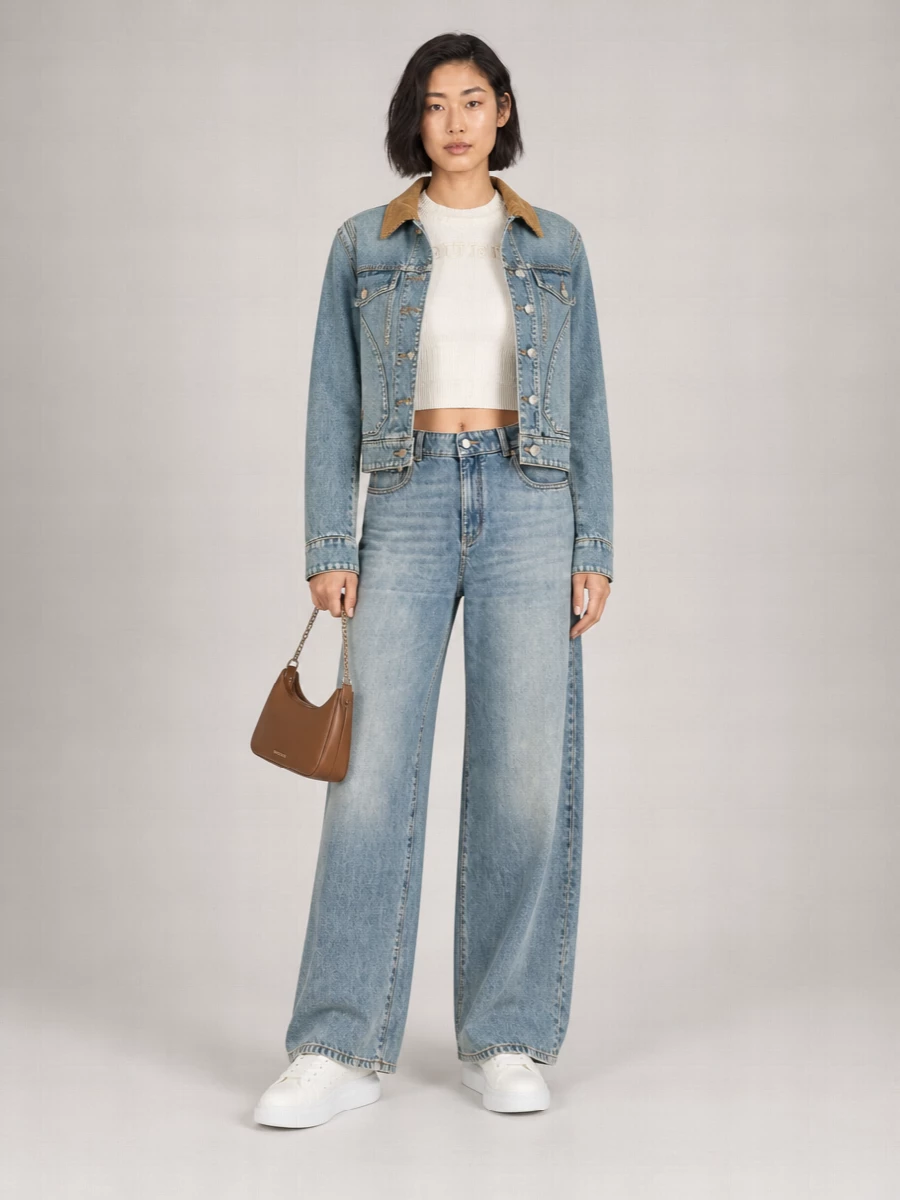 I am keeping this as a denim-on-denim city uniform, letting the faded McQueen trucker and matching wide-leg jeans read as one long, relaxed column broken by a clean ivory crop. The soft white knit lifts the palette, while sand-accent sneakers and a cognac mini bag quietly repeat the jacket’s collar tone so the whole outfit feels considered rather than matchy. I chose the top and trouser route over a dress to preserve the jacket as the anchor and to play with proportion between cropped layers and a long, architectural jean.