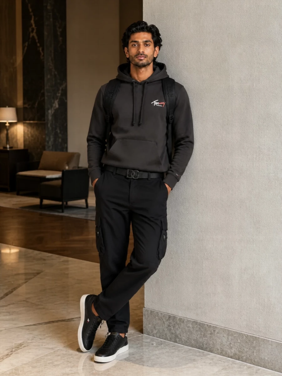 Tommy hoodie black cargo pants sneakers