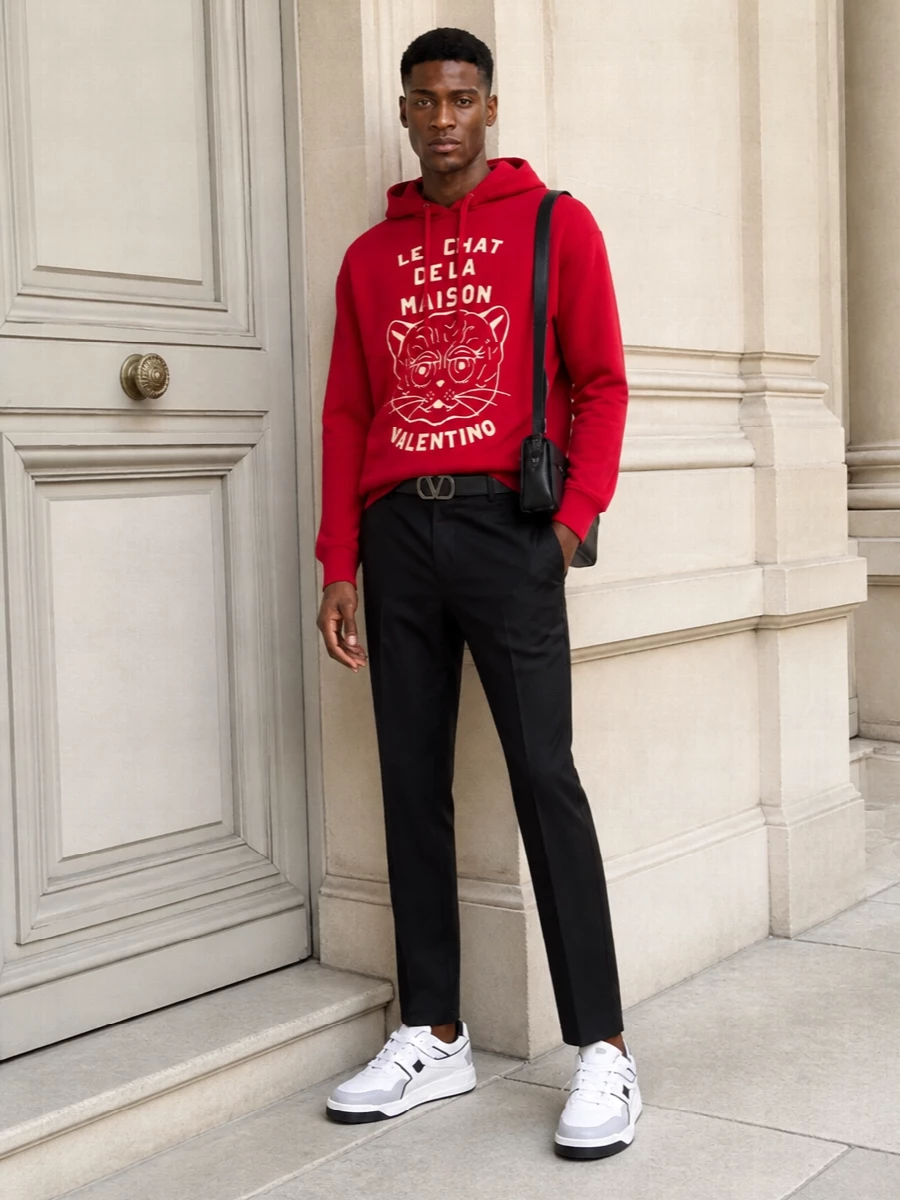 This look frames the bold red Valentino hoodie with clean black tapered track pants for a luxe, sport-driven silhouette that feels considered rather than casual. Chunky white-and-black sneakers keep the energy athletic and modern, while the structured black crossbody and a discreet Valentino belt sharpen the finish so the outfit moves easily from city errands to evening hangs without losing its statement focus up top.
