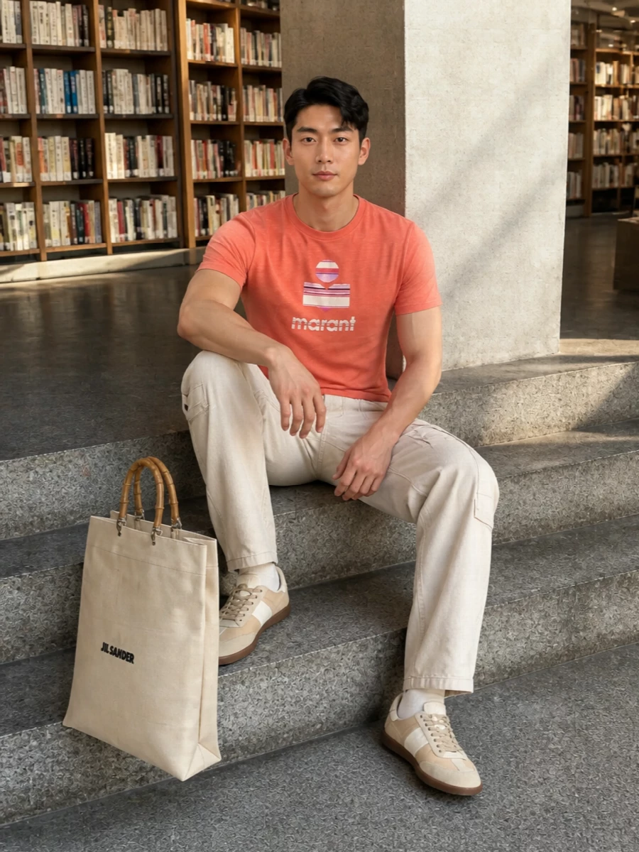 Isabel marant coral tee beige cargo jeans outfit