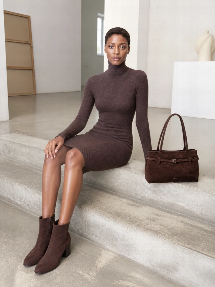 Mm6 brown turtleneck sweater dress with suede boots