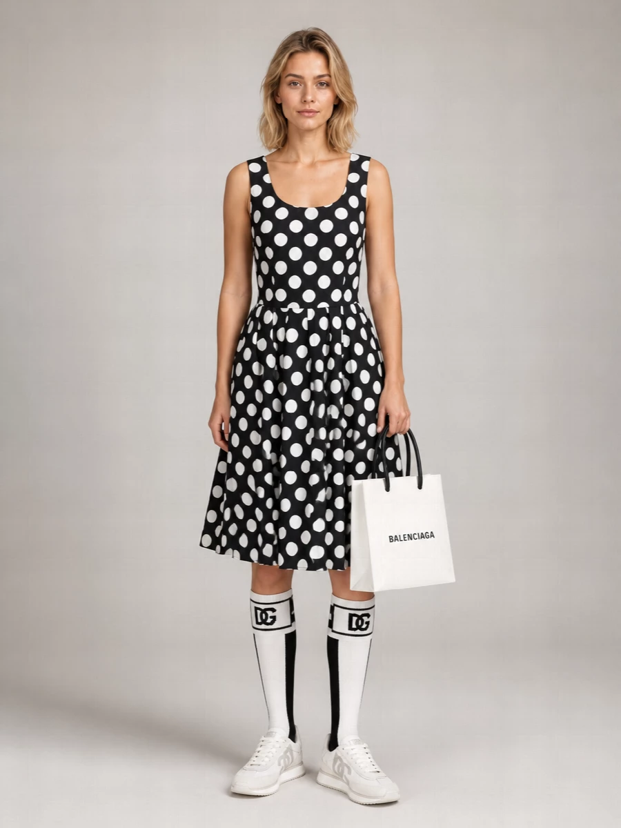 I am deliberately taking the dress route, skipping top and bottom, to keep the strong black and white socks clean against a single, graphic foundation. The polka-dot midi, retro runners and mini tote create a sporty-preppy monochrome story that feels city-ready rather than gym literal. It is an easy way to wear statement logo socks with polish instead of pure athleisure.