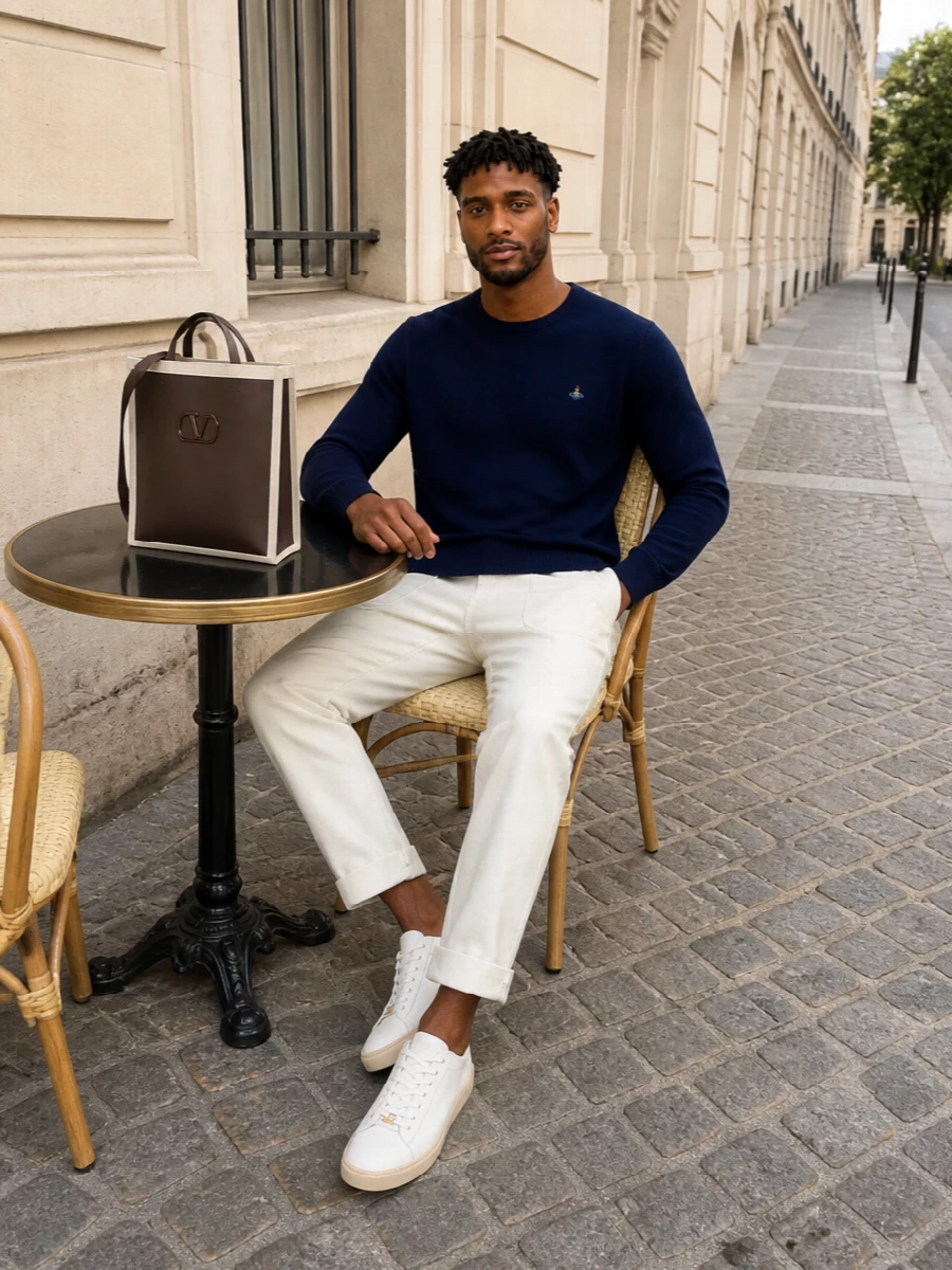 Vivienne westwood navy sweater off white trousers