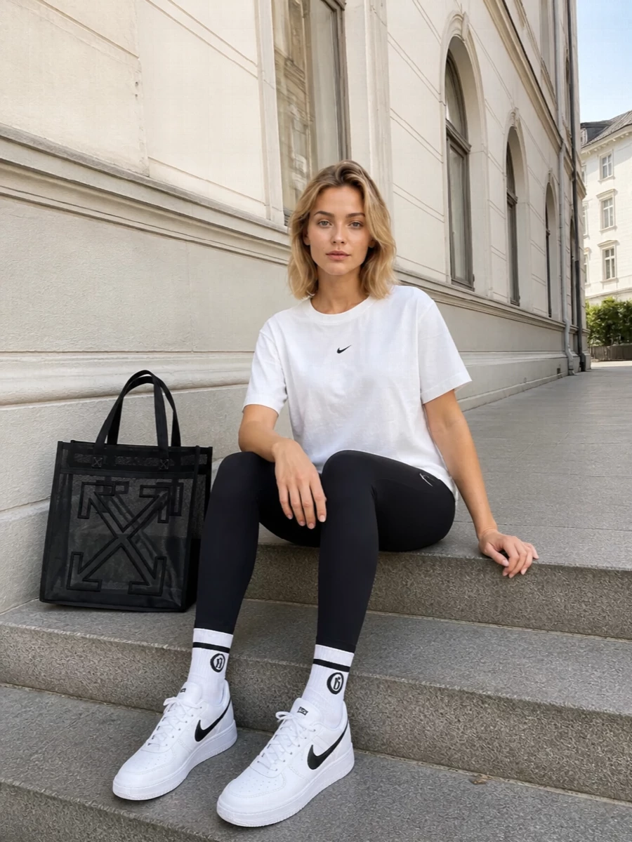 A crisp white Nike tee sits over sleek black leggings for a clean, sport-driven base. White and black sneakers continue the monochrome story, while a structured mesh tote and graphic socks add a quiet streetwear edge. The result is an unfussy gym-to-city uniform that feels modern and streamlined.