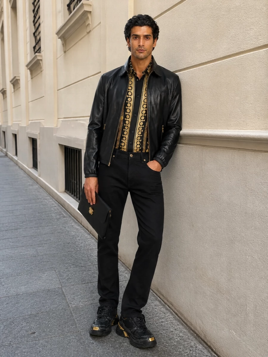 Versace black gold bomber baroque shirt outfit