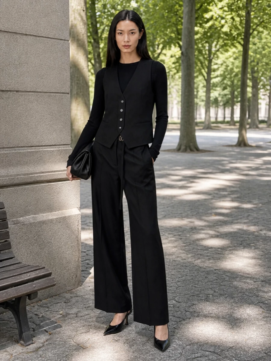 I am building around tailored separates rather than a dress so the Vivienne Westwood cardholder feels at home in a sharp, urban, work-to-cocktail context. The Ann Demeulemeester waistcoat and Sportmax wide-leg trouser create a long, lean black silhouette that reads quietly powerful, then the Jimmy Choo slingback and pleated Themoiré clutch bring in just enough sculptural edge to keep everything modern while staying firmly in the minimalist, quiet-luxury lane.