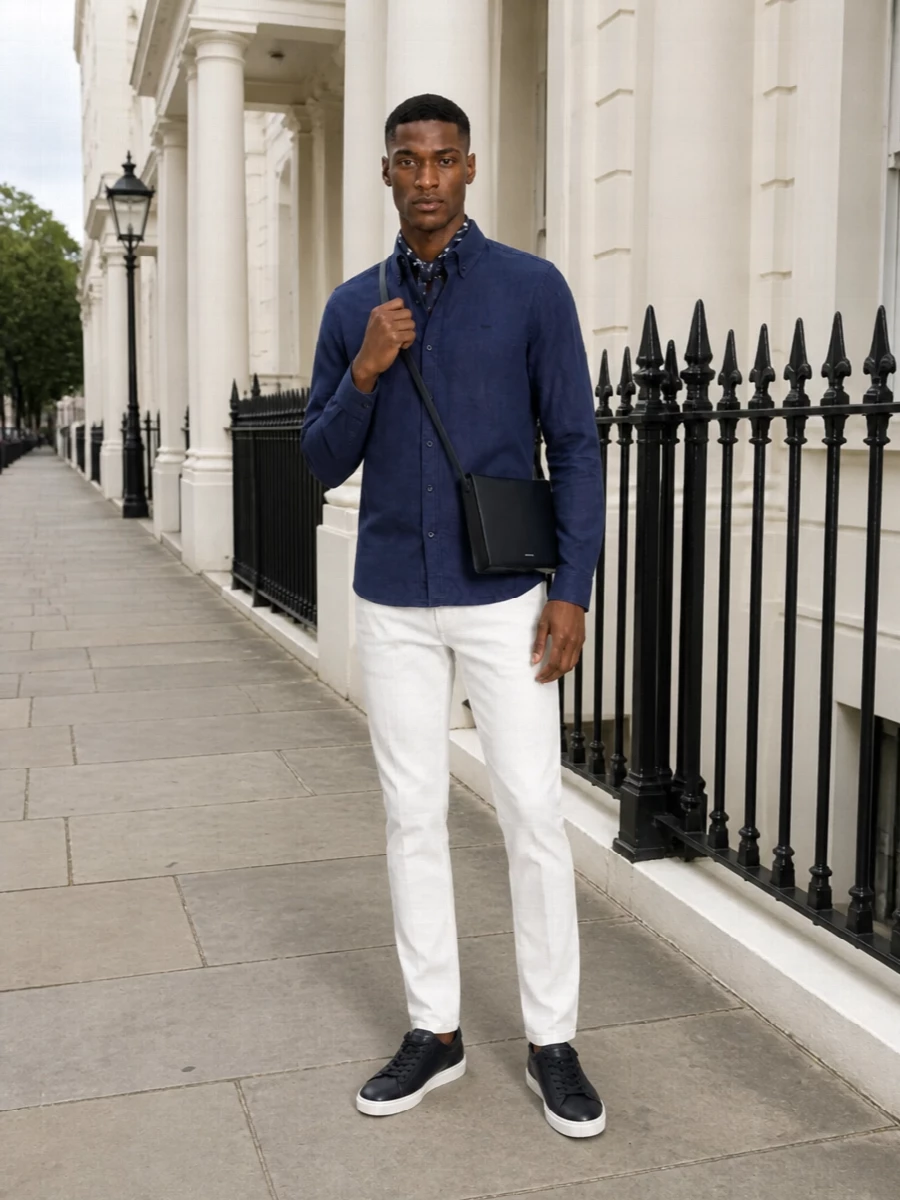 Michael kors navy shirt white jeans outfit