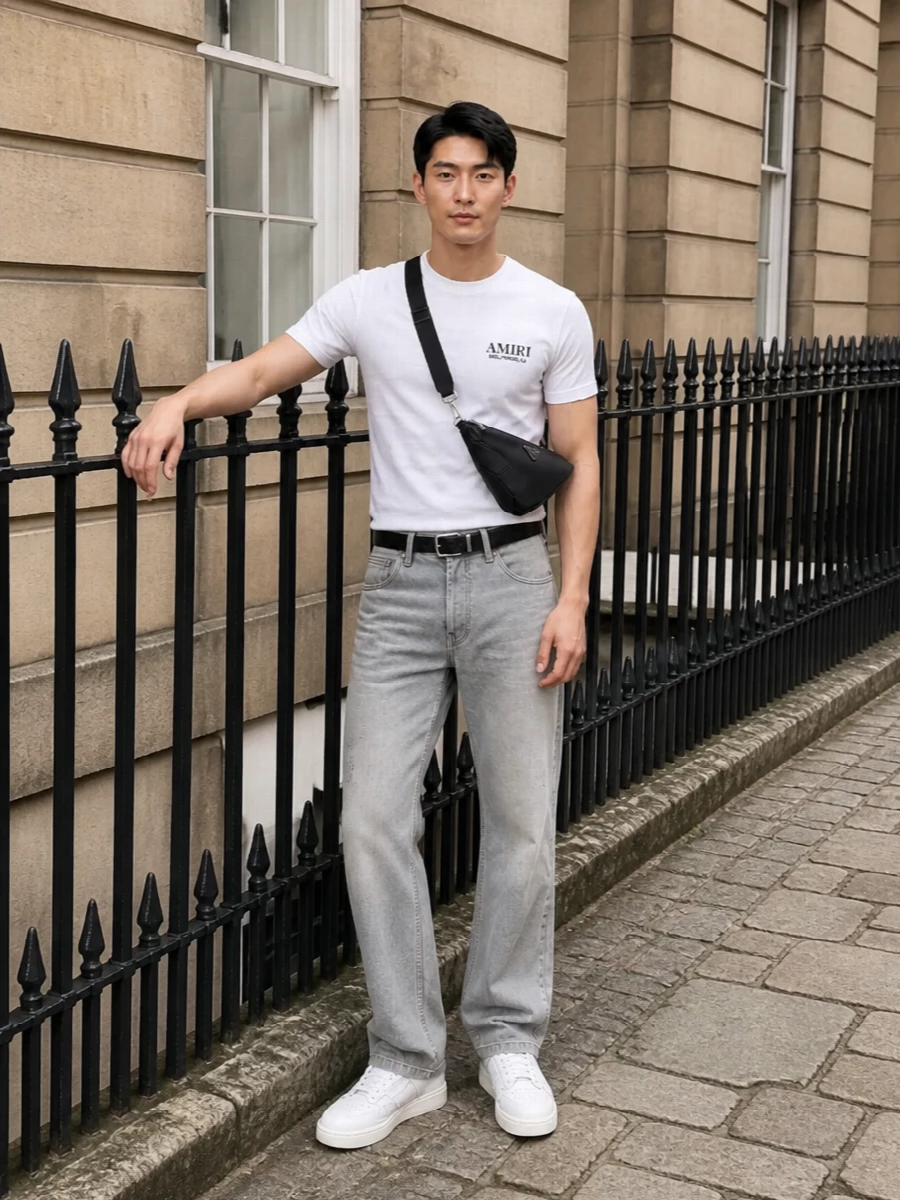 A crisp white Amiri tee sits over light-grey straight-leg denim for a clean, West Coast take on monochrome streetwear. Optic-white sneakers keep the lines sharp and modern, while a slim black belt and technical Prada crossbody add just enough structure for city days and travel. The result is pared back and logo-aware, but still reads calm and intentional rather than loud.
