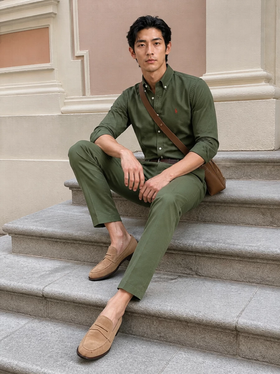Polo olive chinos tods suede loafers outfit