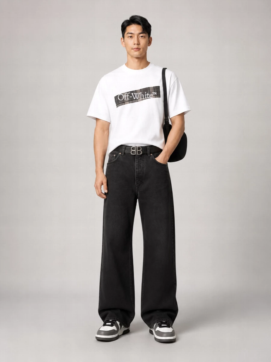 Off-White Cotton Logo Plaid Panel Short-Sleeve T-Shirt