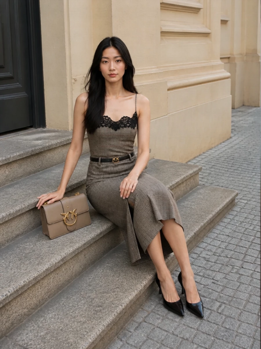 Pinko checked lace camisole tailored midi outfit