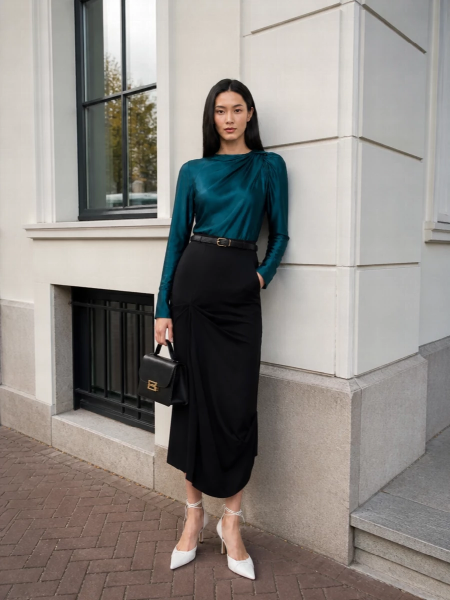 Victoria beckham teal blouse black midi skirt