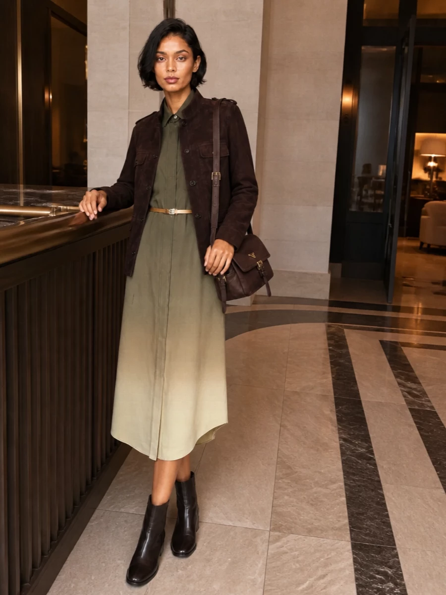 I am treating the dress as the anchor here, skipping separate top and bottom so the Prada ombré shirt dress can read as a clean, uniform column under the chocolate suede jacket. The result is a tonal, quietly luxurious military story in olives and deep browns, with the sleek ankle boots and structured leather bag sharpening the line for city days that slide easily into dinner. It is rich in texture yet visually calm, all within a coherent Prada-centric universe.