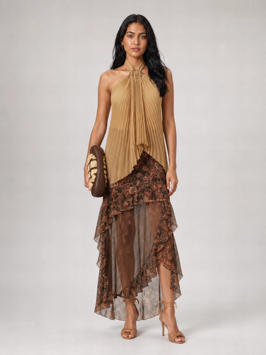 The Andamane Paisley Print Asymmetric Ruffled Maxi Skirt