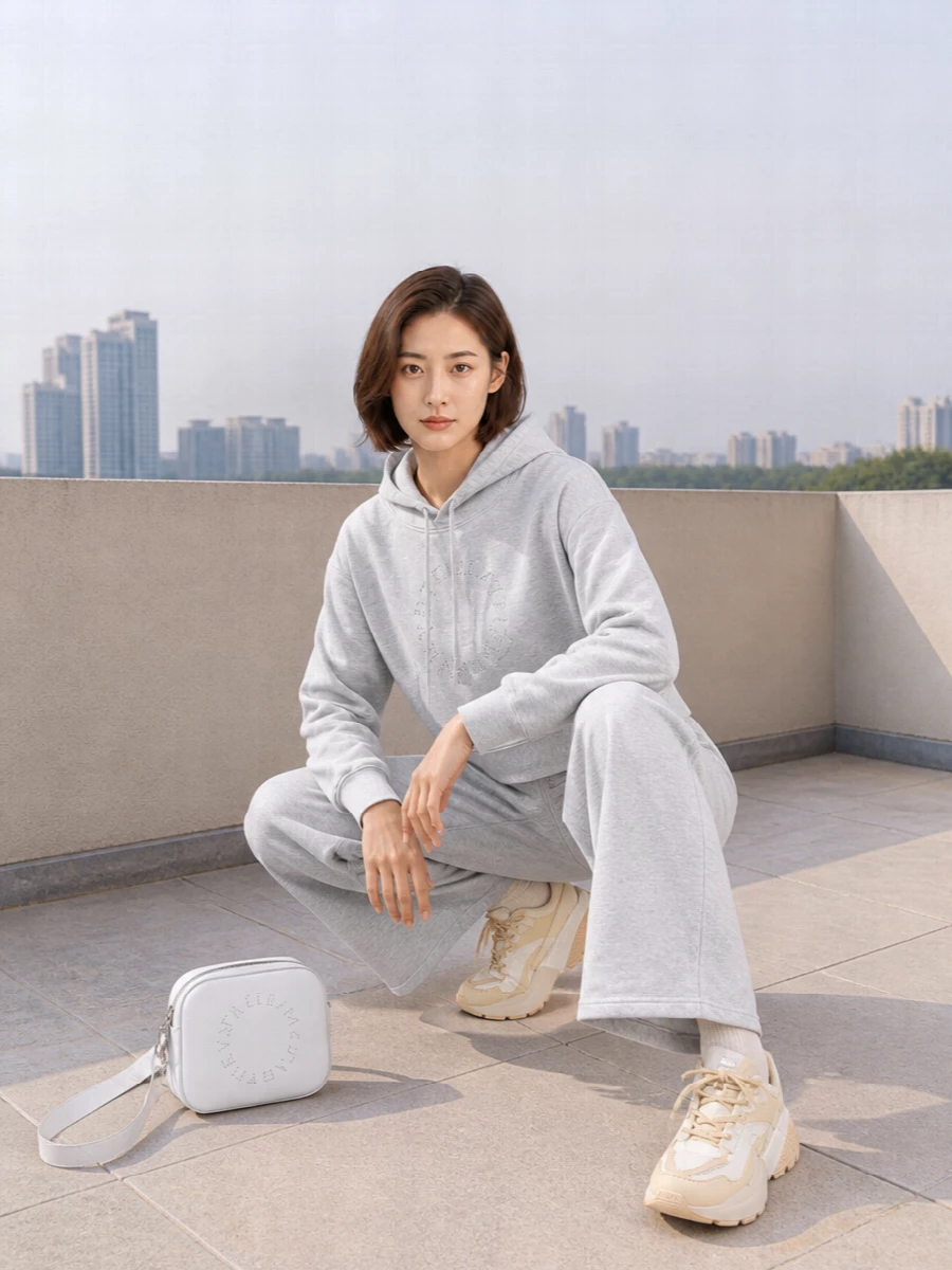 Stella mccartney grey hoodie wide leg pants outfit